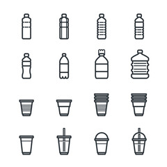 Plastic bottle and glass vector icons set. Simple flat thin line style. Icon included big and small bottles, plastic glass, smoothie, frappe or bubble tea glass.
