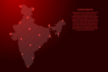 India map from red pattern slanted parallel lines and glowing space stars grid. Vector illustration.