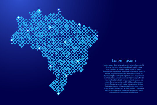 Brazil map from blue pattern rhombuses of different sizes and glowing space stars grid. Vector illustration.