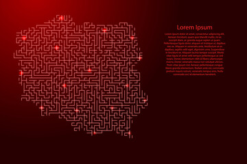 Poland map from red pattern of the maze grid and glowing space stars grid. Vector illustration.