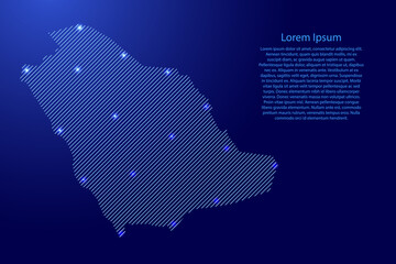 Saudi Arabia map from blue pattern slanted parallel lines and glowing space stars grid. Vector illustration.