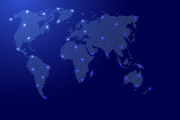 World map from blue pattern slanted parallel lines and glowing space stars grid. Vector illustration.
