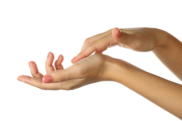 Cute female hands with pink manicure isolated on white background