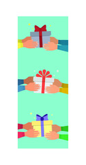 People give gifts to each other. Hands hold a gift box and give it to other hands. Vertical set, color illustration, flat cartoon, festive design, eps 10. Concept: winter holidays, christmas, new year