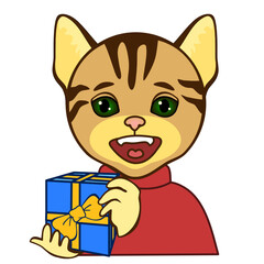 smiling cat emoji handing you over a wrapped gift box, funny cartoon character with simplistic facial expression, simple hand drawn emoticon, vector illustration