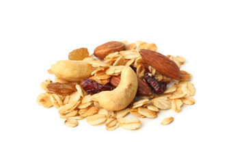 Granola with nuts and raisins isolated on white background
