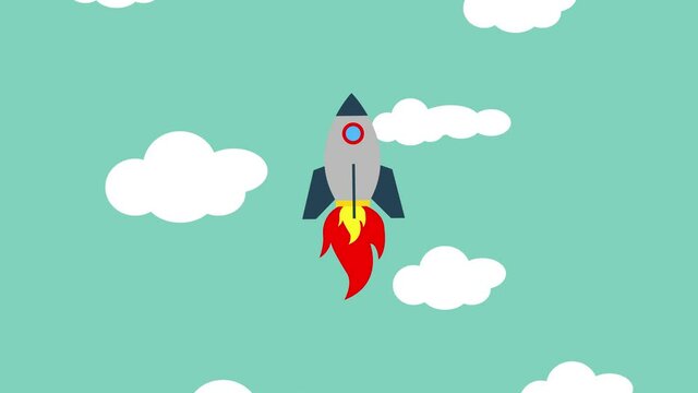 animation, spaceship taking off. Seamless motion animated footage, Cartoon shuttle flying up through cloudy sky.