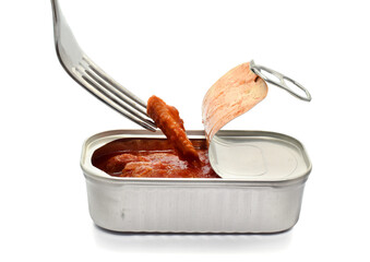 Sardine in red tomato sauce in aluminium can. Read to eat preserve 