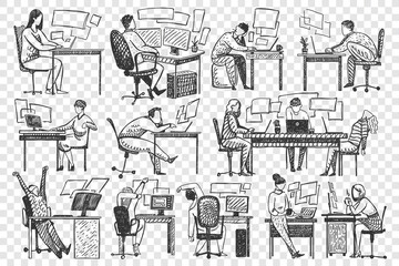 People in office doodle set. Collection of hand drawn businessmen women clerks managers sitting working at workplace desk together isolated on transparent background. Business occupation illustration.