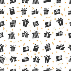 Vector Seamless pattern with gifts, confetti and stars. Many gift boxes different shapes on white background. can be used for cards for Christmas or birthday.