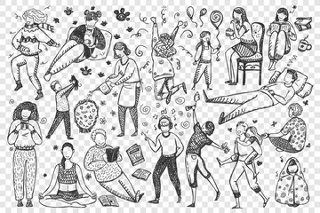 People doodle set. Collection of hand drawn men women characters celebrating reading drinking coffee listen music meditating dancing isolated on transparent background. Human leisure time illustration