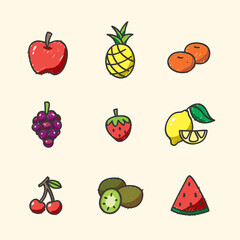 Fruit Vector Icon Set. Illustration Concept of Fresh Colorful Fruits. Contained Apple, Pineapple, Orange, Grapes, Strawberry, Lemon, Cherry, Kiwi and Watermelon. In Cartoon Kid style. Simple Color.