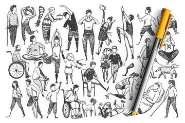 Disabled people doodle set. Collection of hand drawn handicapped men women athletes running walking medidtating isolated on white background. Healthcare and disability illustration.