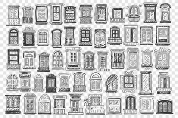 Windows doodle set. Collection of hand drawn of different size window frames and balcony facade of buildings on transparent background. Architecture and outdoor design illustration.