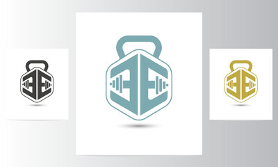 Letter EE fitness logo, vector dumbbell icon, symbol vector illustration design template