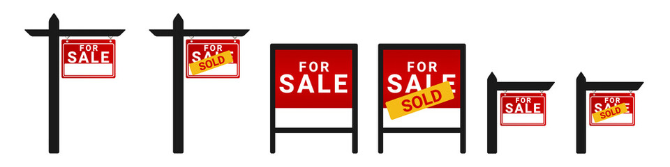 For Sale, Sold Wooden Posts - Different Vector Illustrations - Isolated On White Background