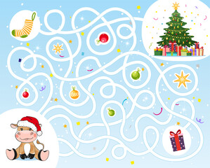 Help the bull find his way to gifts for the new year 2021. Maze for children, puzzle, educational games for the kindergarten. New Year s game with a cute animal. Labyrinth in flat cartoon design