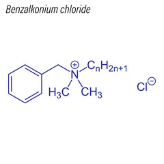 Vector Skeletal formula of Benzalkonium chloride. Antimicrobial chemical molecule.