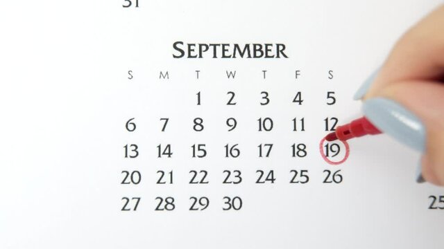 Female hand circle day in calendar date with a red marker. Business Basics Wall Calendar Planner and Organizer. September 19th