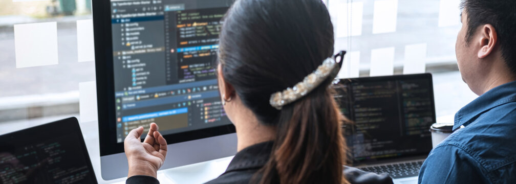 Professional Developer programmer cooperation meeting and brainstorming and programming in website working a software outsourcing and coding technology, writing codes and database