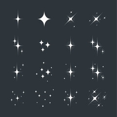 Sparkle effect vector. Different styles and patterns of the sparkling light stars, glowing in the dark background.
