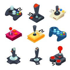 Joystick icons set. Isometric set of joystick vector icons for web design isolated on white background