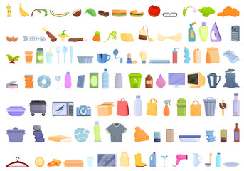 Waste icons set. Cartoon set of waste vector icons for web design