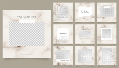 social media template banner fashion sale promotion. fully editable instagram and facebook square post frame puzzle organic sale poster. brown beige marble color vector background