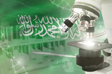 Saudi Arabia science development digital background - microscope on flag. Research of clinical medicine design concept, 3D illustration of object