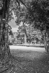 Landmark of old chedi made of ancient bricks in the Kamphaeng Phet Historical Park, Thailand. Black and white