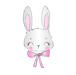 Hand drawn cute and bow rabbit vector illustration