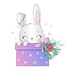 Hand drawn bunny and gift box christmas greeting card vector illustration