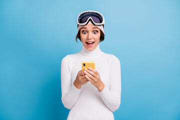 Photo of beautiful brunette bob haired girl look phone wear white turtleneck like reaction isolated...