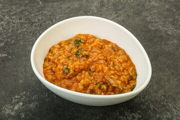 Traditional Georgian Kharcho soup with meat