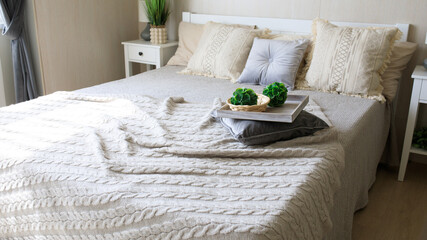 the bed is made beautifully, the bedroom is in gentle colors