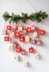 Handmade advent calendar gift boxes hanging on the wall. Sustainable Christmas,  zero waste,...