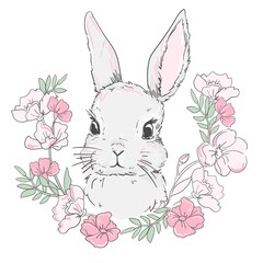 Hand drawn cute bunny and flower arrangement vector illustration rabbit childish print design