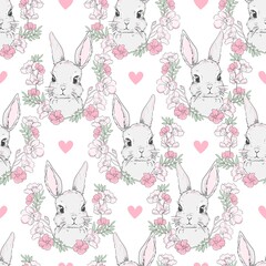 Cute rabbits and flower arrangement background vector seamless pattern