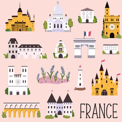 Big collection of famous landmarks of France. Vector illustration - obrazy, fototapety, plakaty
