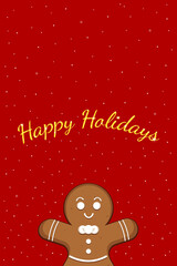 Christmas card with gingerbread man and inscription Happy Holidays. Vector illustration.