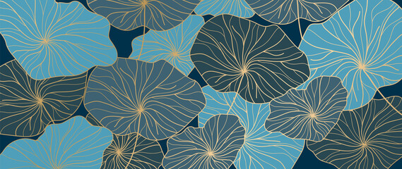 Golden lotus leaf line arts on dark background, Luxury gold wallpaper design for prints, banner, fabric, poster, cover, digital arts vector illustration.