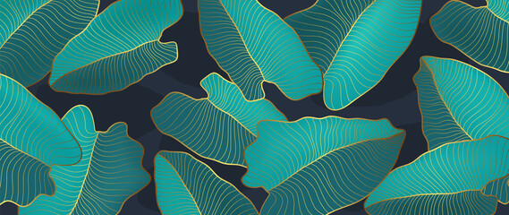 Luxury art deco wallpaper. Exotic tropical vector background.  Floral pattern with black split-leaf Philodendron plant with monstera plant line art on dark blue  background..