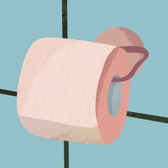 Ilustracja papier toaletowy w różowym kolorze na tle błękitnych kafelek - obrazy, fototapety, plakaty