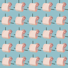 Ilustracja kolaż papier toaletowy rolki w różowym kolorze na tle błękitnych kafelek