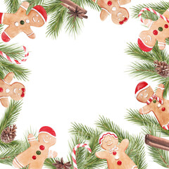 Christmas card with gingerbread men with place for text. Festive watercolor illustration for cards, invitations for Christmas and New Year