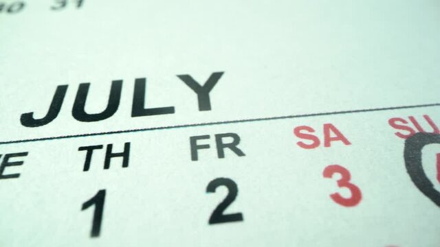 Calendar for 2021 isolated on a white background. July in close up shot and first week of the month. Independent day on July 4 is market as a national holiday in USA. Sunday to Monday, business
