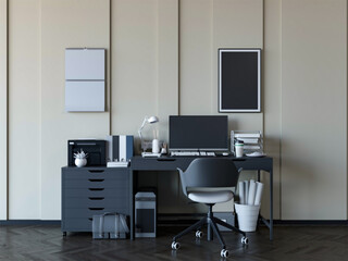 3d rendering of home office work place with mock up pattern
