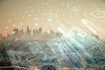 Double exposure of buildings hologram over cityscape background. Concept of smart city.