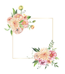 Watercolor floral illustration - leaves and branches frame with flowers and leaves for wedding stationary, greetings, wallpapers, background. Roses, green leaves. High quality illustration