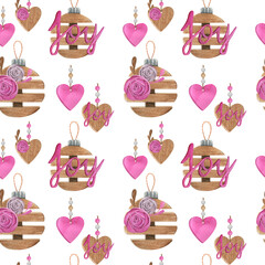 Christmas watercolor seamless pattern with pink and wooden decor